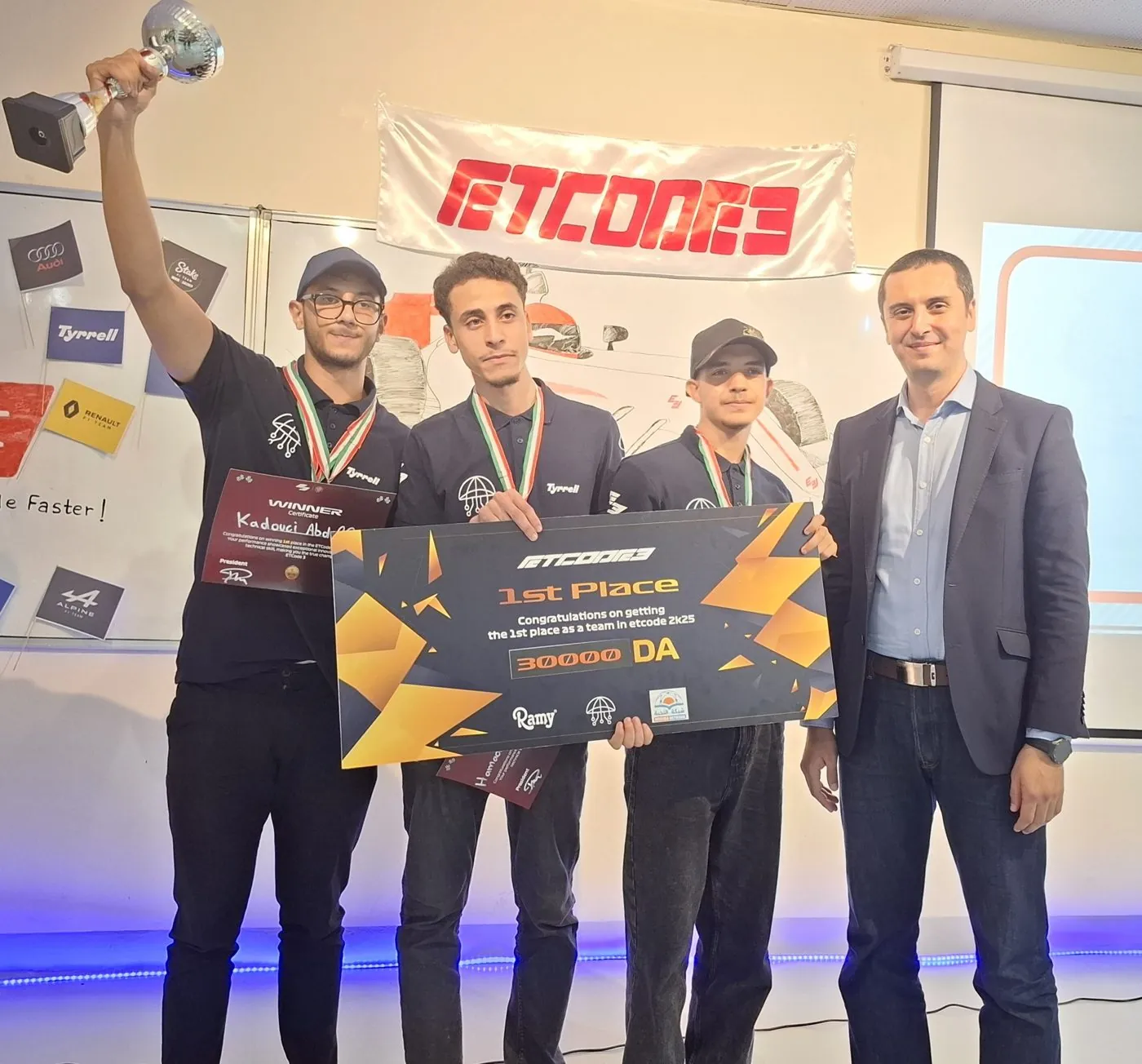 First-place team holding their prize at ETCode 2025